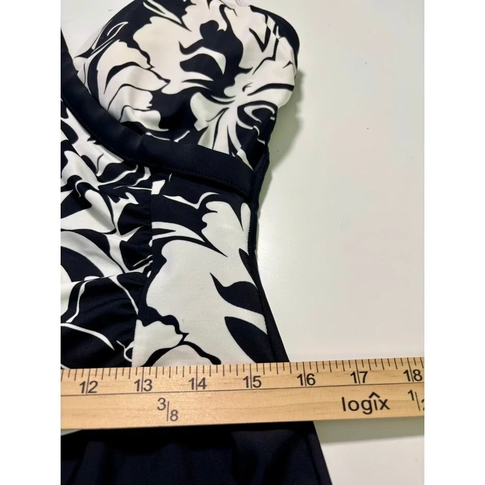 Jantzen One Piece Swimsuit 14 Black White Floral Surplice‎ Wrap Resort Vacation